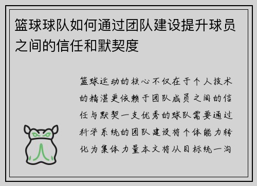 篮球球队如何通过团队建设提升球员之间的信任和默契度